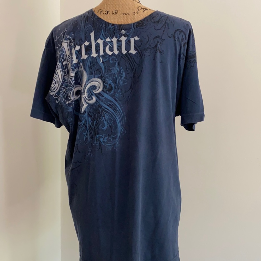 Vintage Archaic Mens Short Sleeve Shirt Y2K Affliction Style Wings Blue L